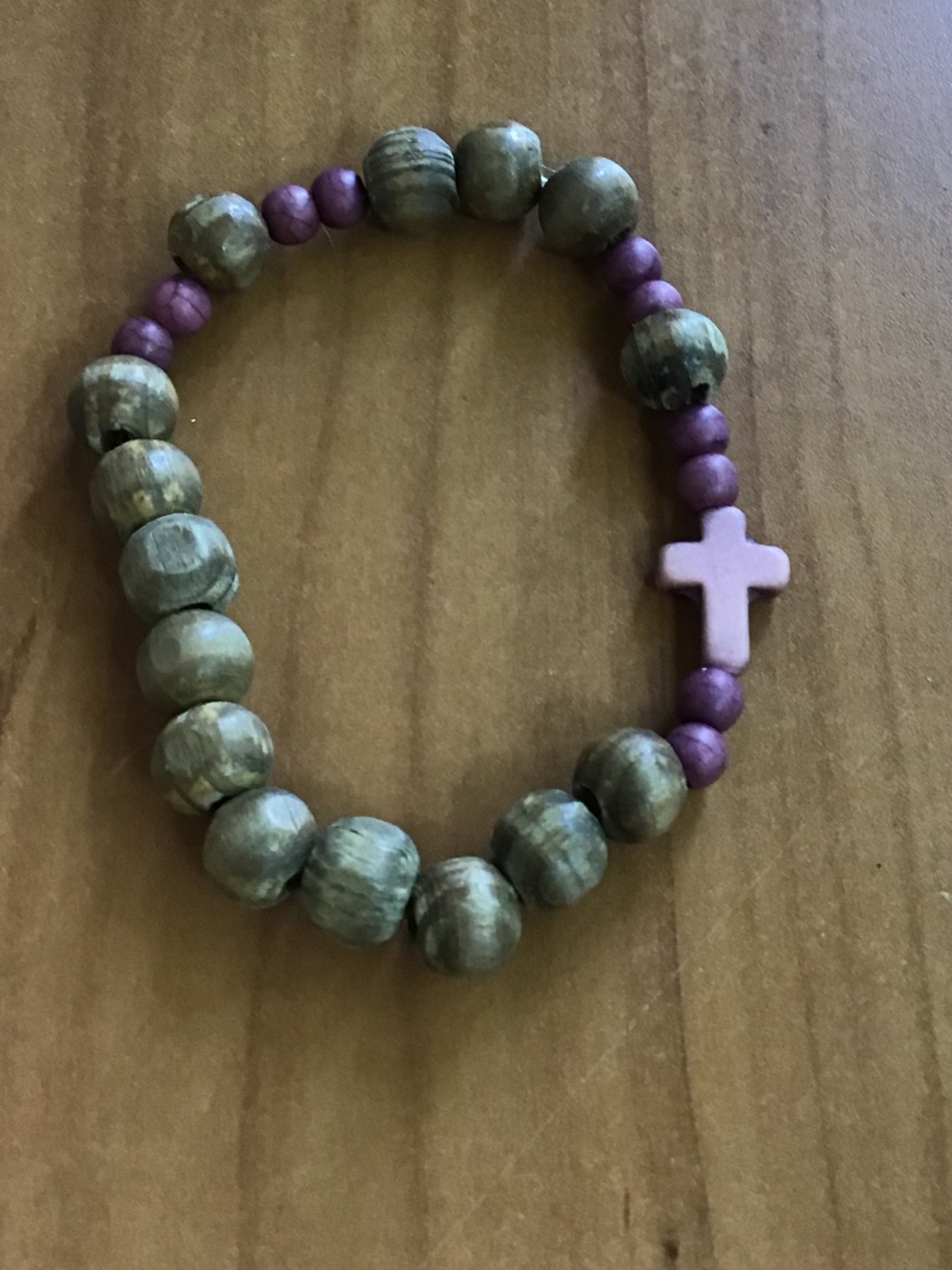 Wood Bead Stretch Bracelet with Purple Cross